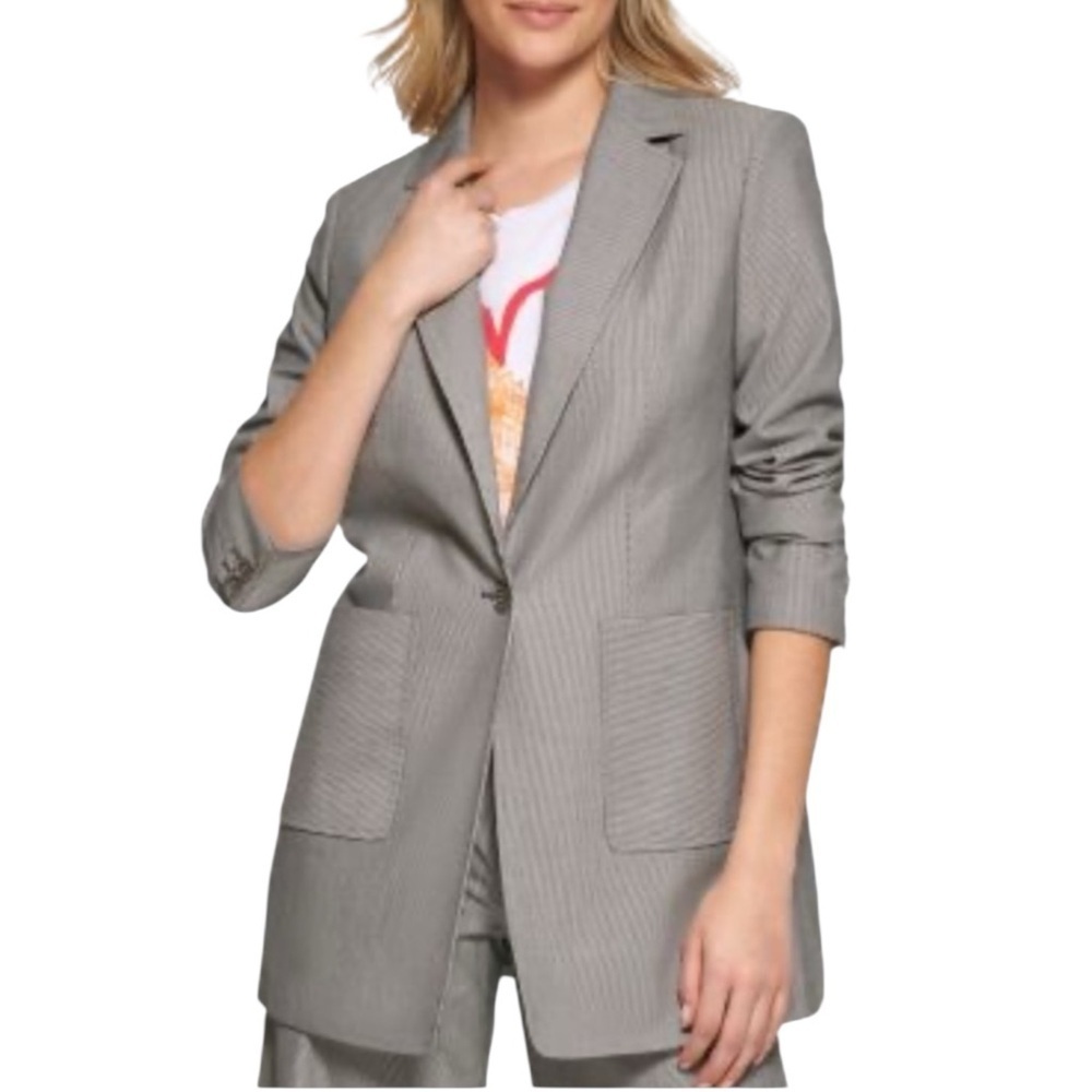 Karl Lagerfeld Paris Railroad Striped Boyfriend One Button Blazer Jacket 2
